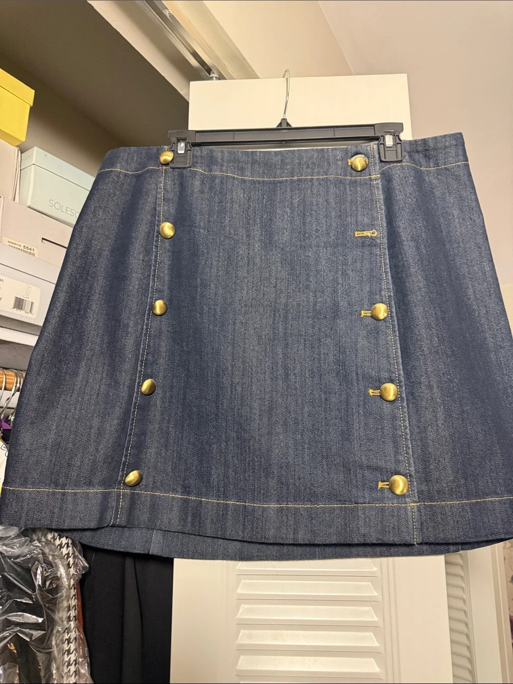 MICHAEL Michael Kors Dark Blue Denim Mini Skirt with Gold Buttons